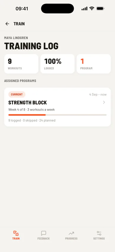 Cleanpull athlete training log showing completed workouts, prescribed loads, and post-workout effort, joint soreness, and enjoyment scores