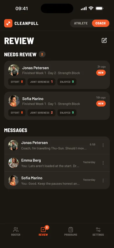 Cleanpull review queue showing completed athlete workouts and post-workout check-in scores