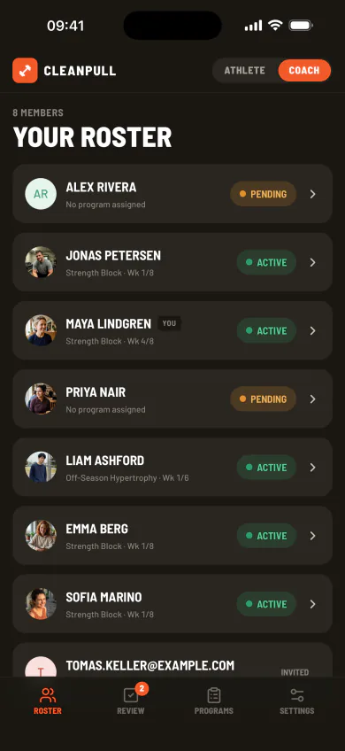 Cleanpull coach roster showing athletes, assigned training blocks, current weeks, and active status