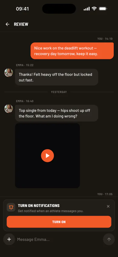 Cleanpull private coach-athlete conversation showing a lift video and technique feedback in the review workflow