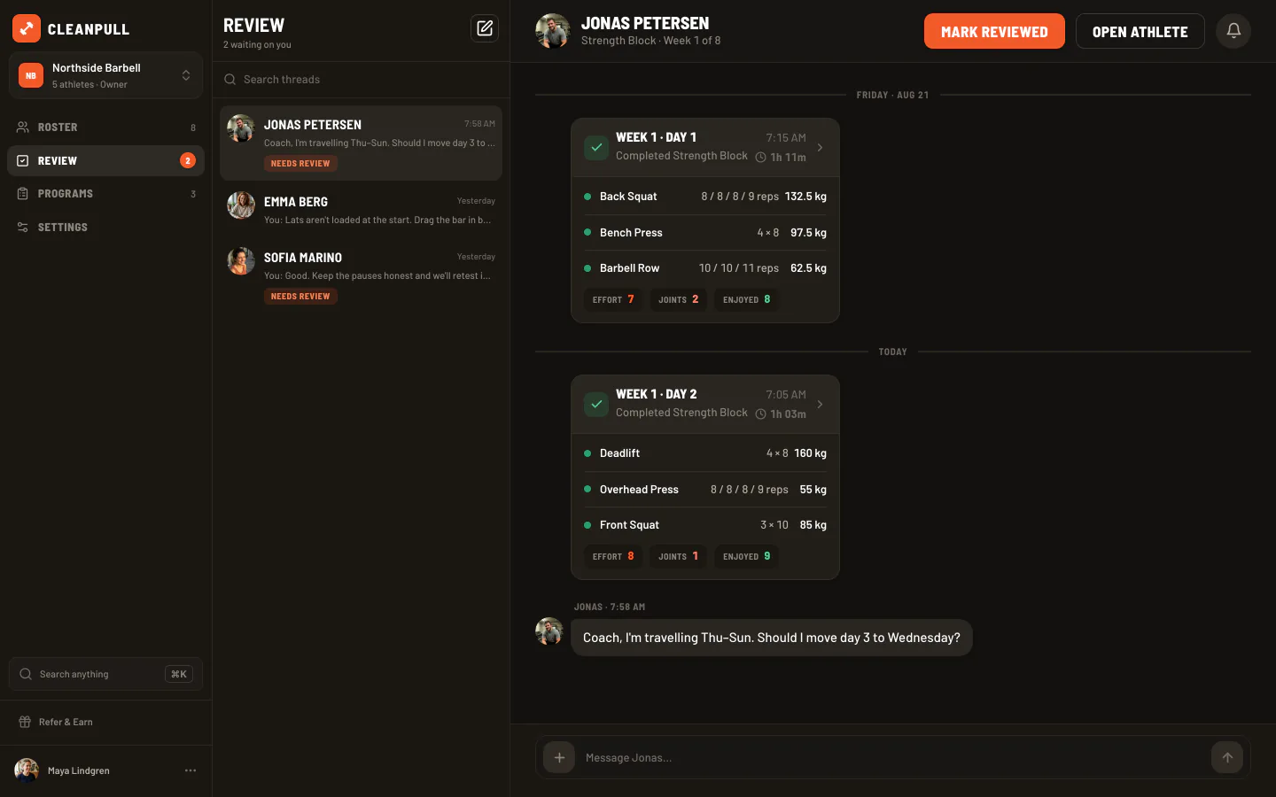 Jonas Petersen's review thread in the Cleanpull web app: two completed Strength Block sessions with every lift's reps and loads plus effort, joints, and enjoyment scores, his message about travelling, and a Mark reviewed button