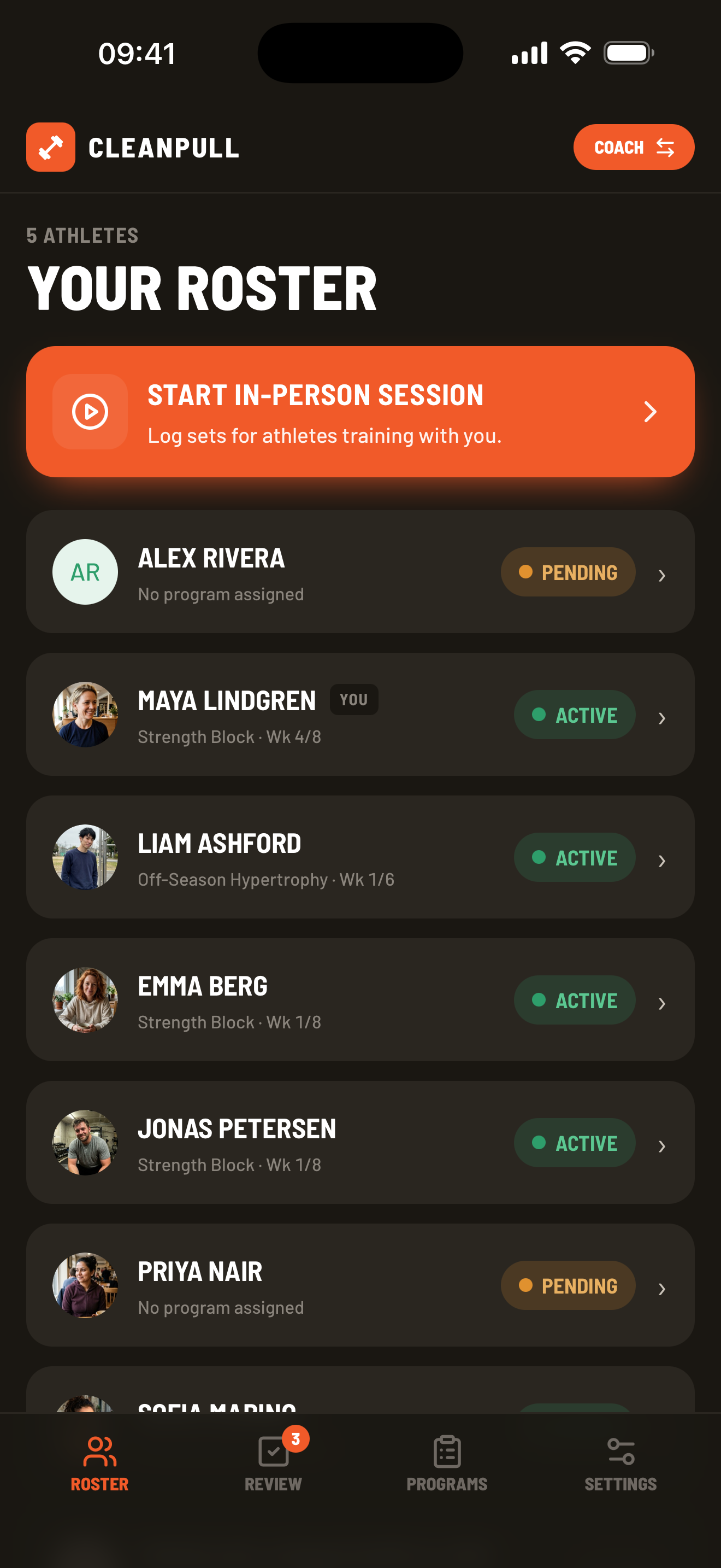 Cleanpull coach roster showing athletes, assigned training blocks, current weeks, and active status