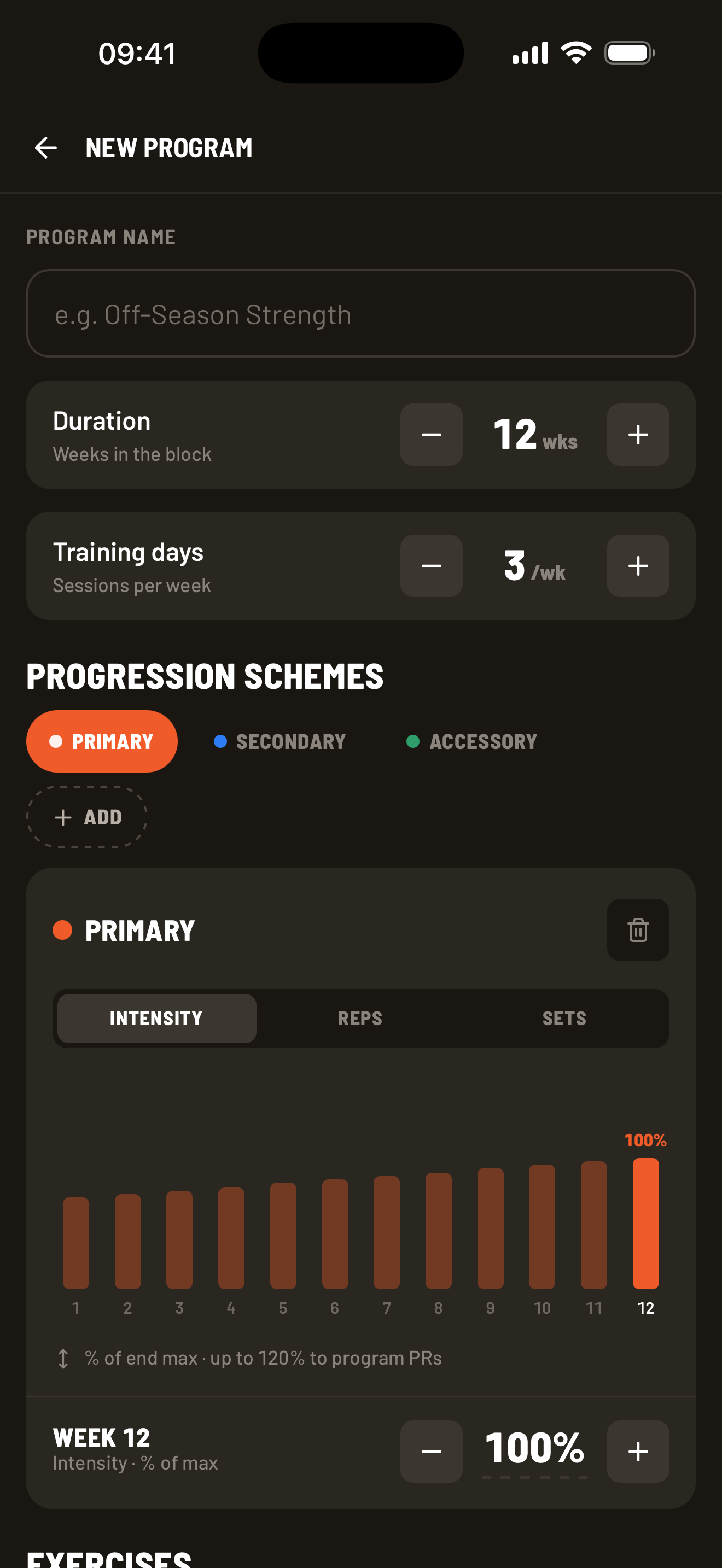 Cleanpull program builder showing a multi-week strength progression with separate controls for intensity, reps, and sets