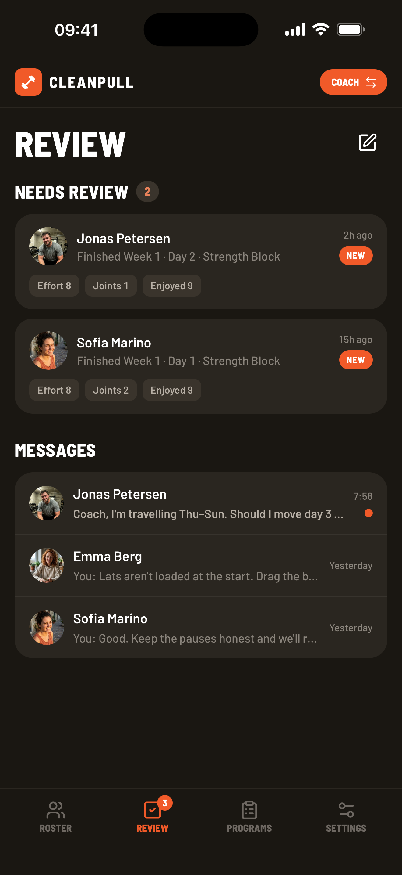 Cleanpull review queue showing completed remote-coaching sessions, athlete check-ins, and new messages