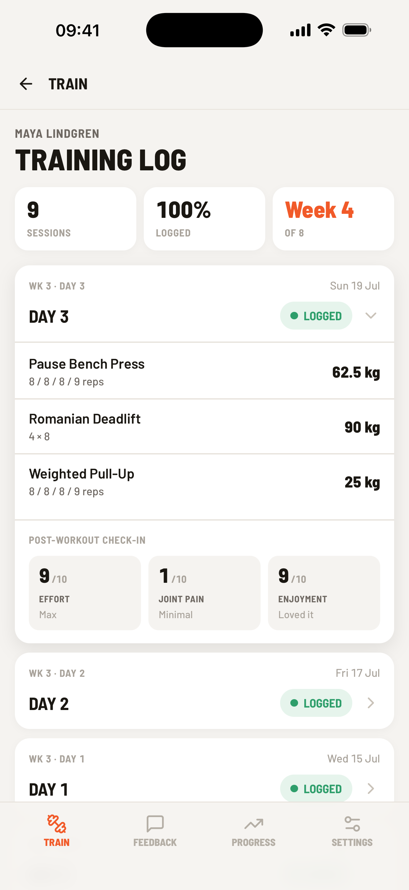 Cleanpull athlete training log showing completed sessions, prescribed loads, and post-workout effort, joint pain, and enjoyment scores