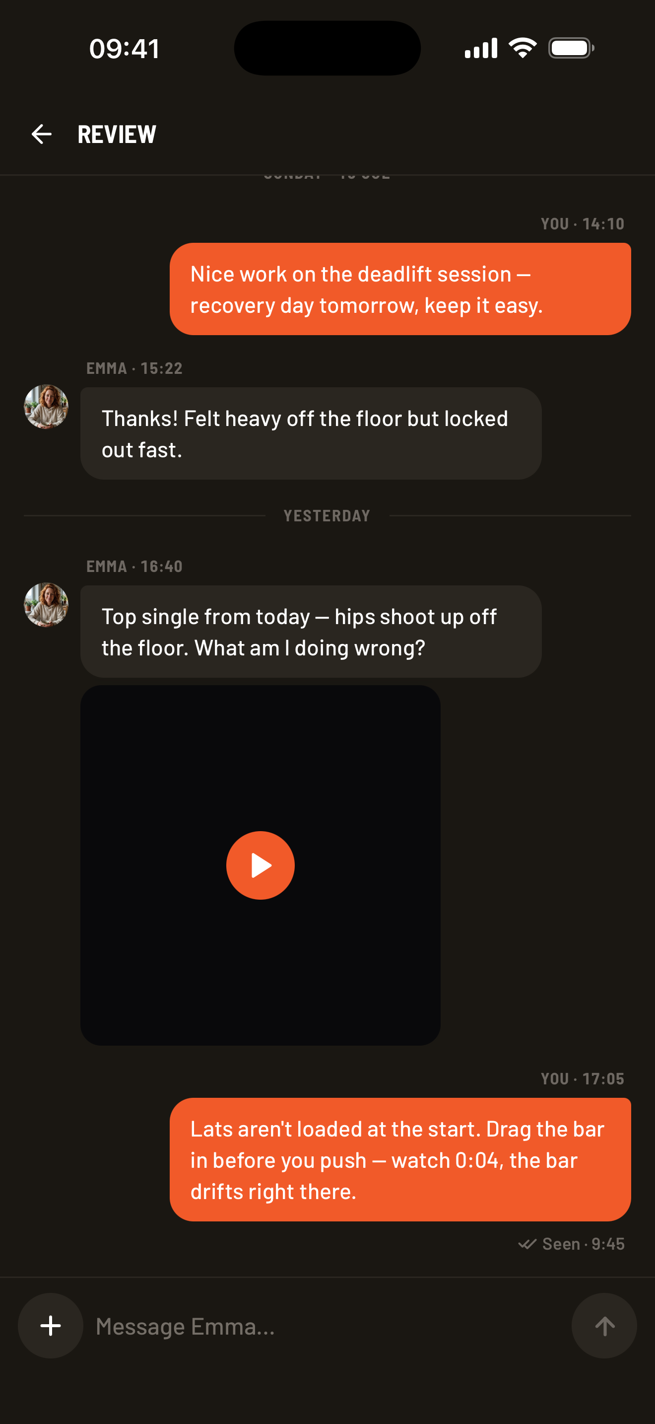 Cleanpull private coach-athlete thread showing a lift video and technique feedback in the review workflow